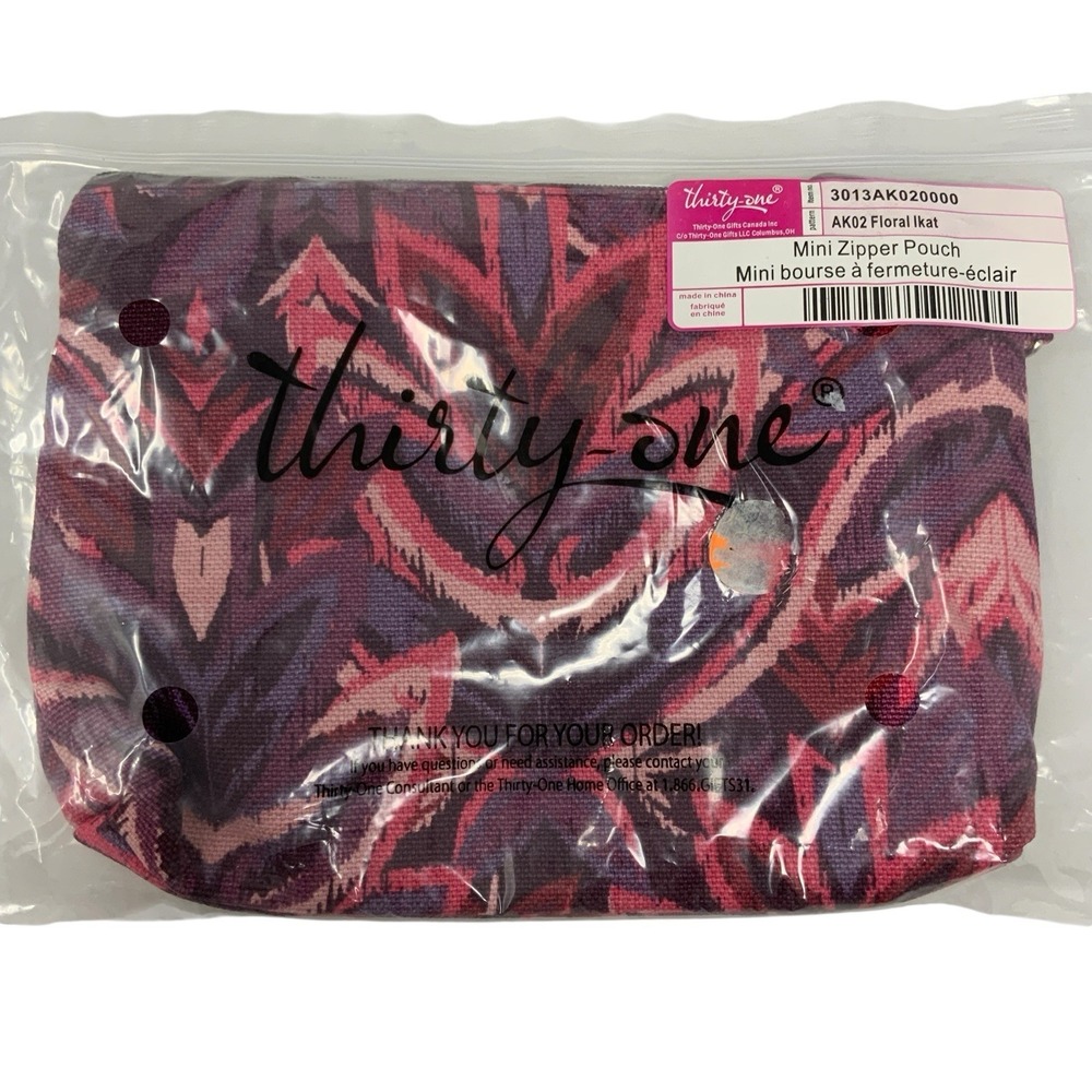 Thirty-One Mini Zipper Pouch AK02 Floral Ikat Purple Pink Makeup Bag Zip Top NEW